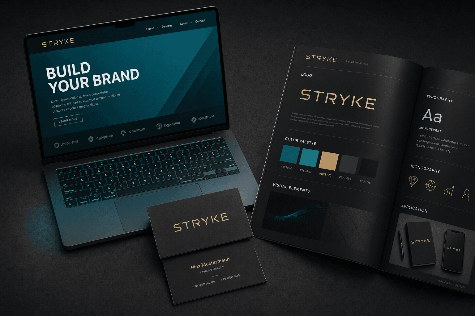 STRYKE Brand Paket — Logo, Website-Mockup und Visitenkarten-Design für Gründer
